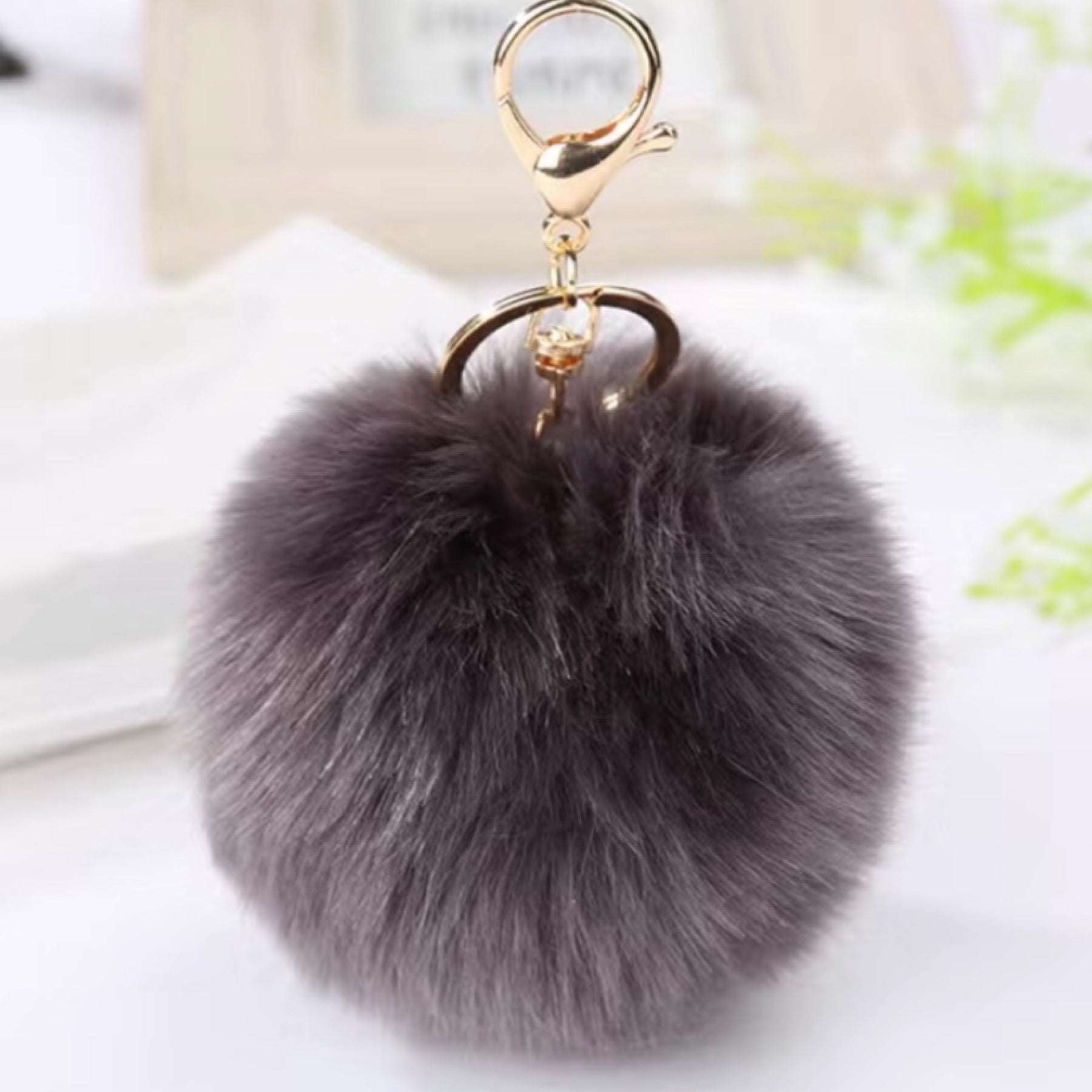 Dark Gray Soft Faux Fur Pom Pom Keychain Bag Charm