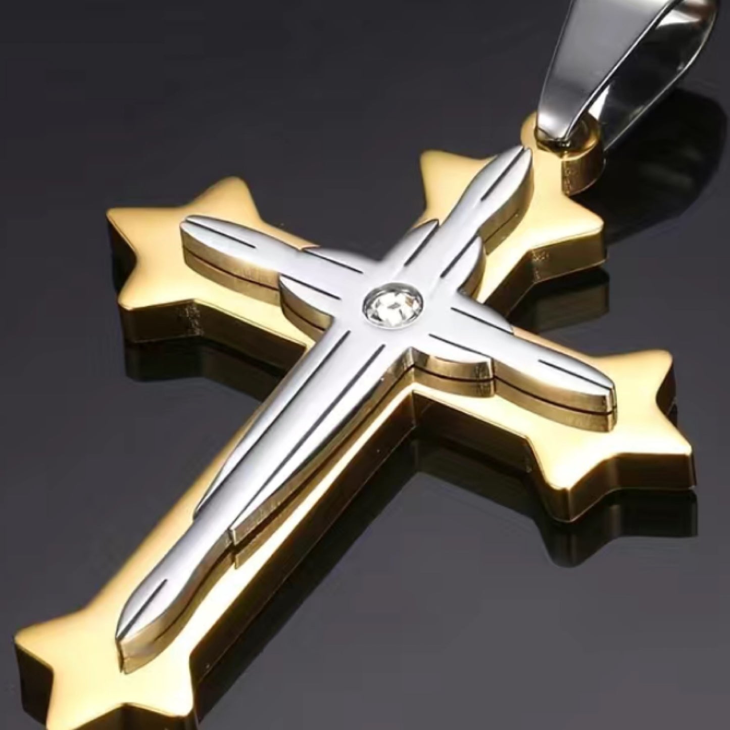 Two Tone Gold Sliver Layered CZ Cross Necklace