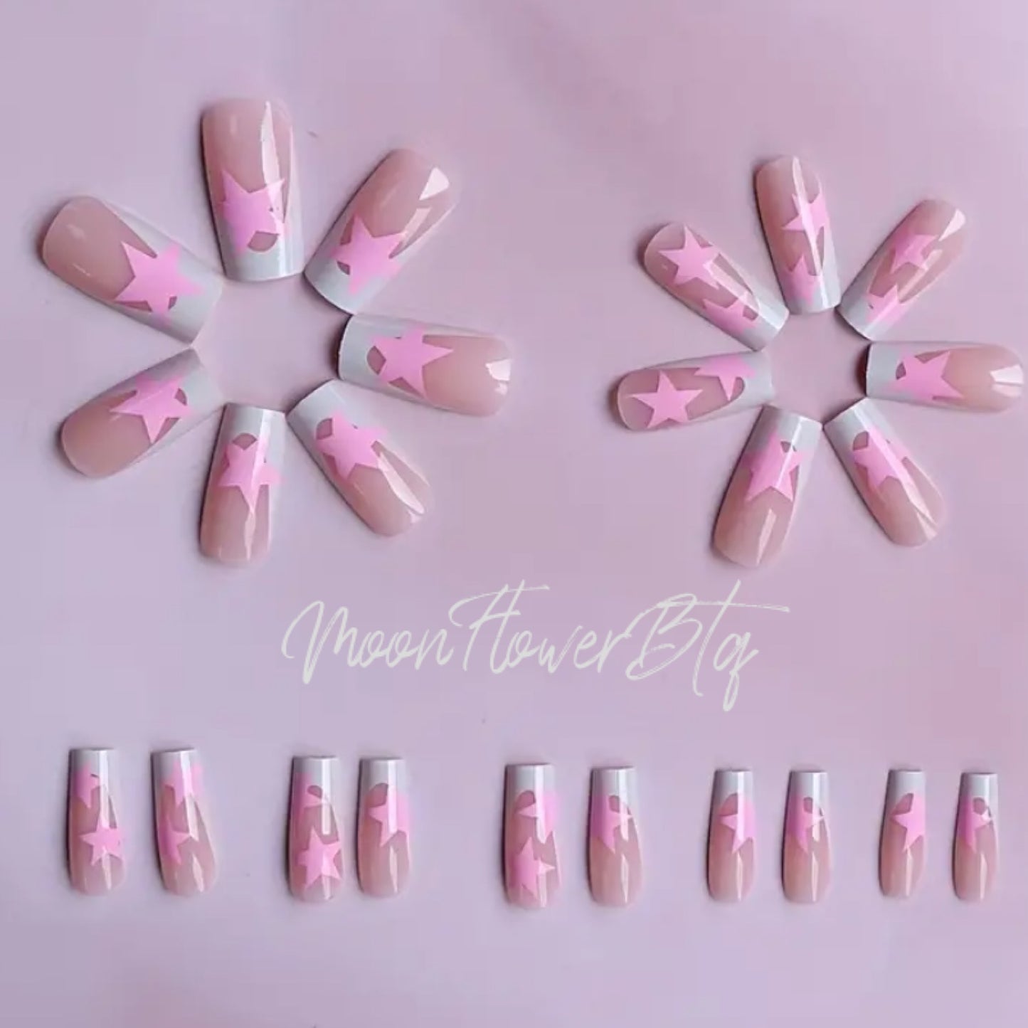 French Tip Pink Star Square Nails