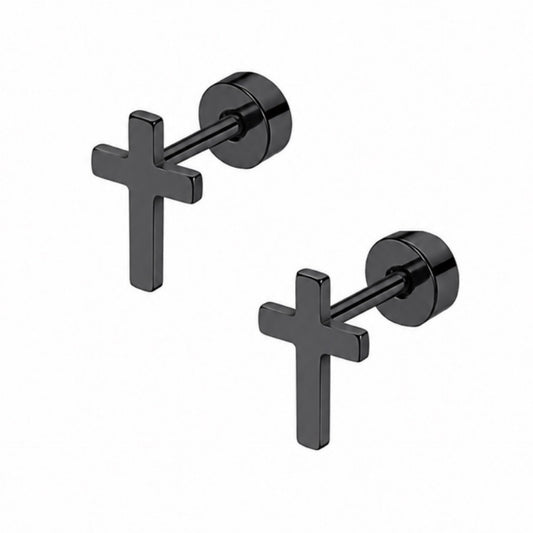Tiny Black Cross Flat Back Stud Earrings