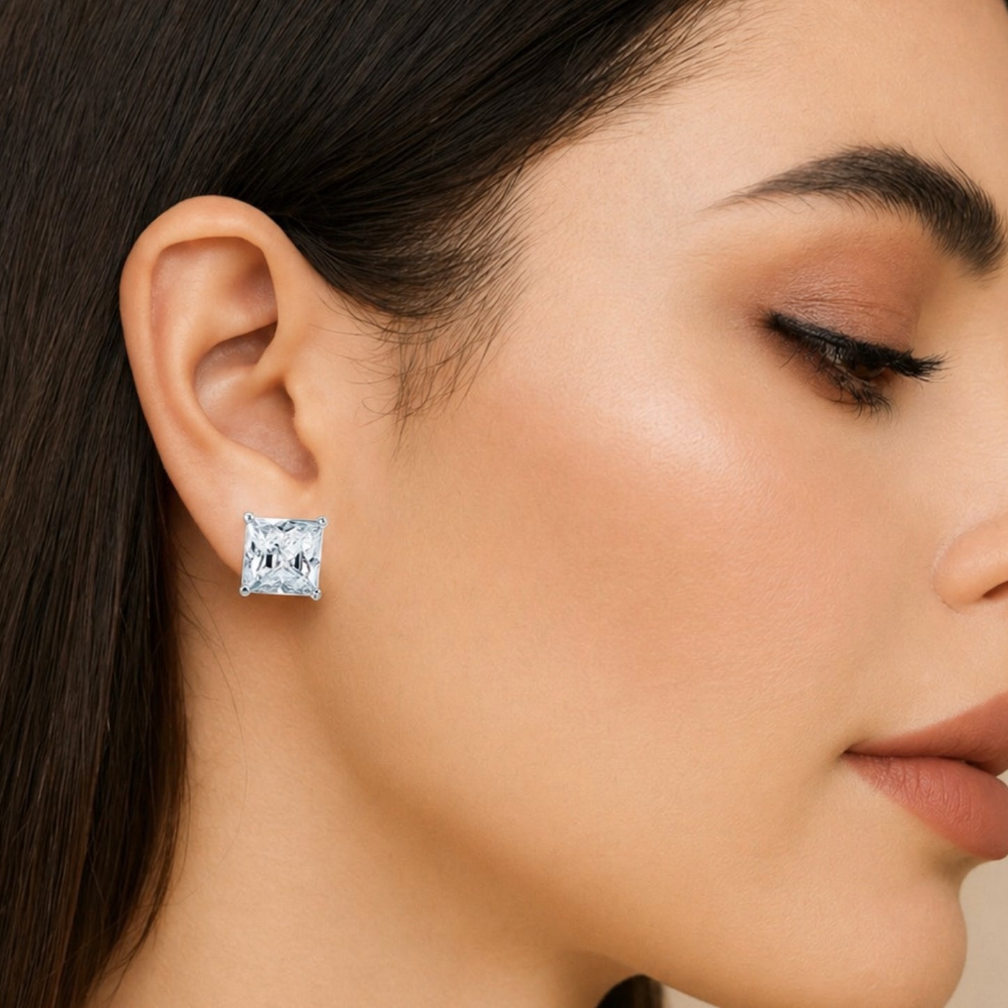 White Gold Plated Princess Cut CZ Stud Earrings