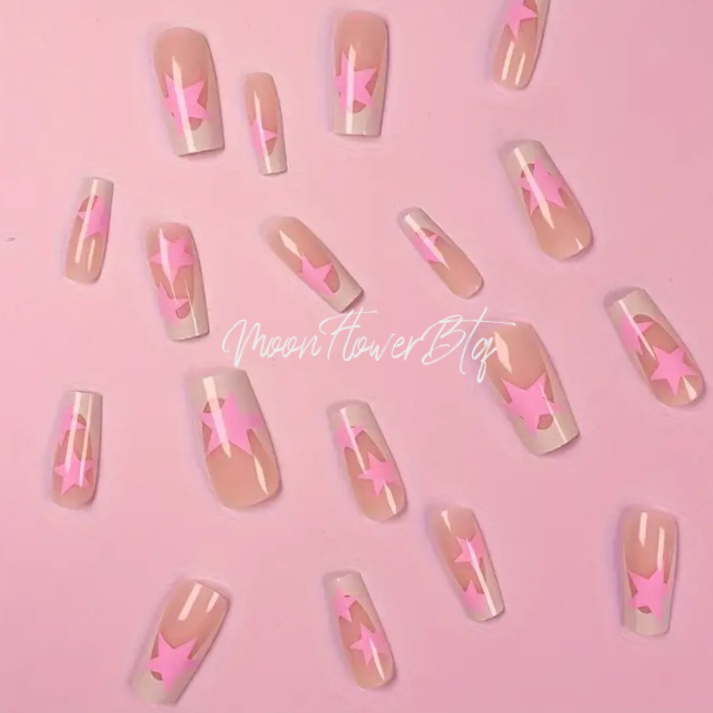 French Tip Pink Star Square Nails