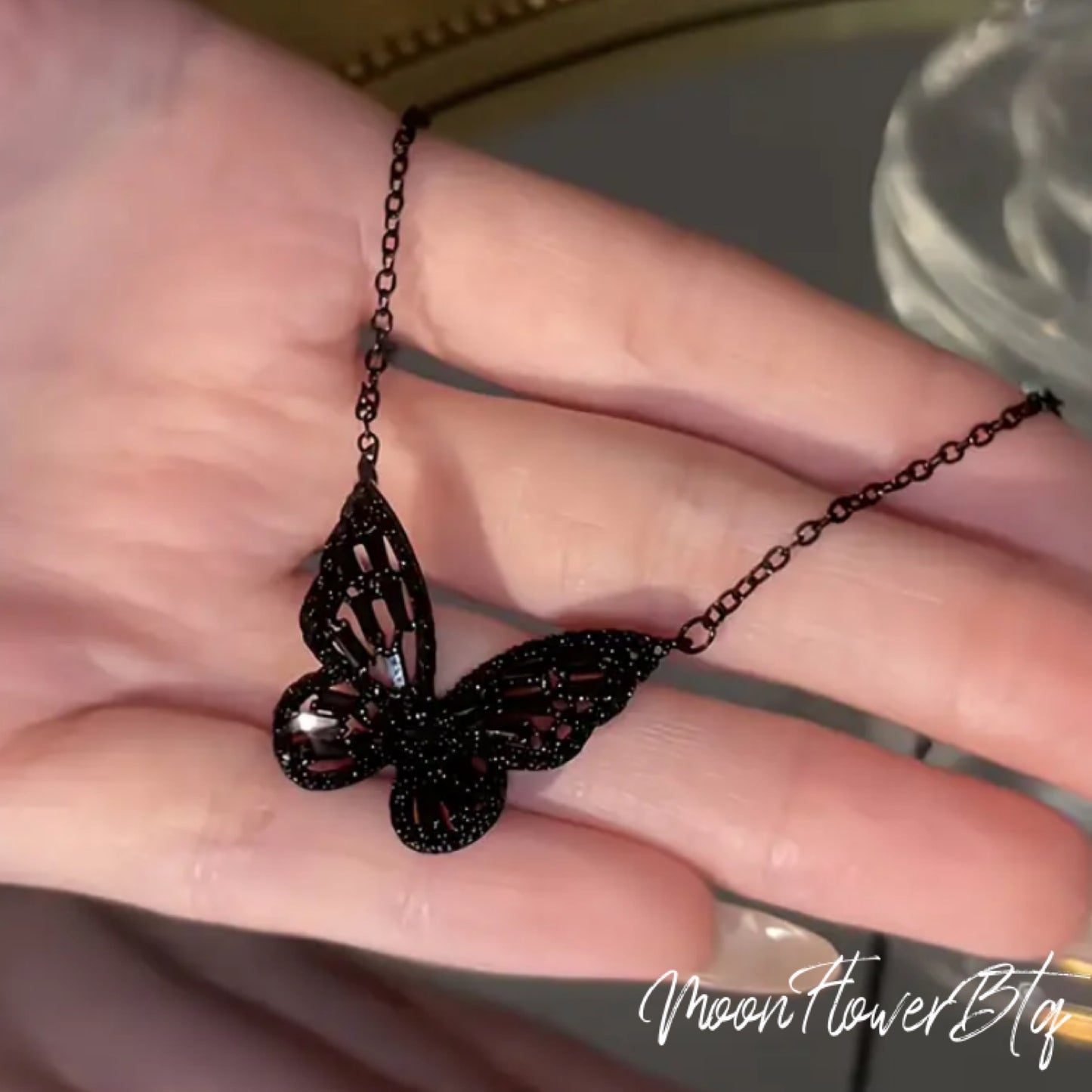 Black Rhinestone Butterfly Pendant Necklace