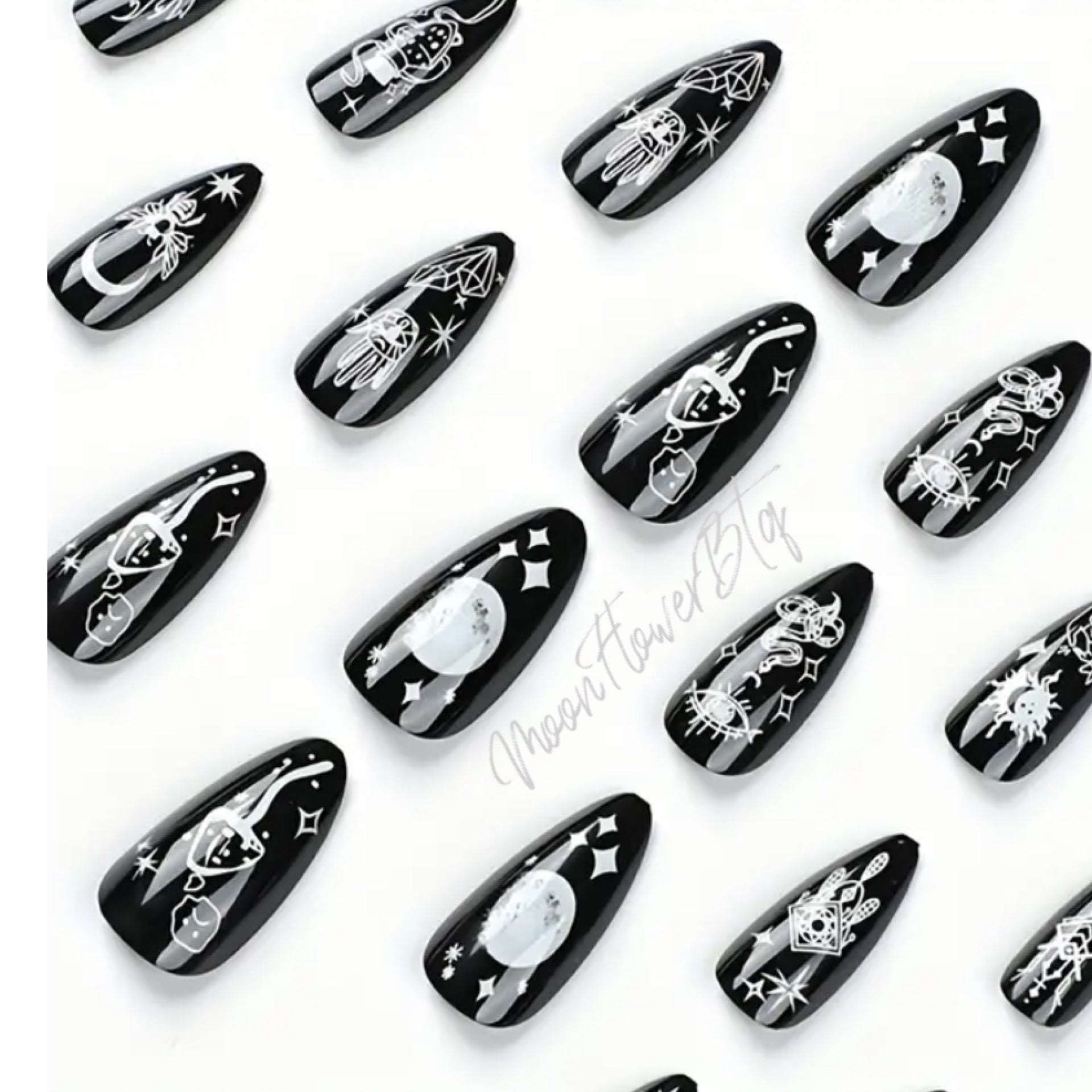 Goth Themed Medium Black Glossy Long Almond Shaped Press-On Nails