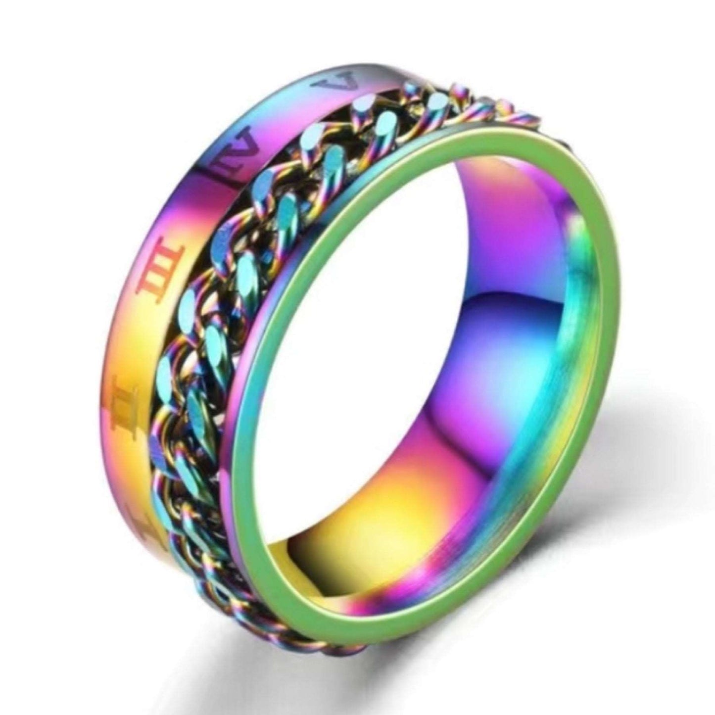 Rainbow Chain Roman Numeral Anxiety Fidget Spinner Ring