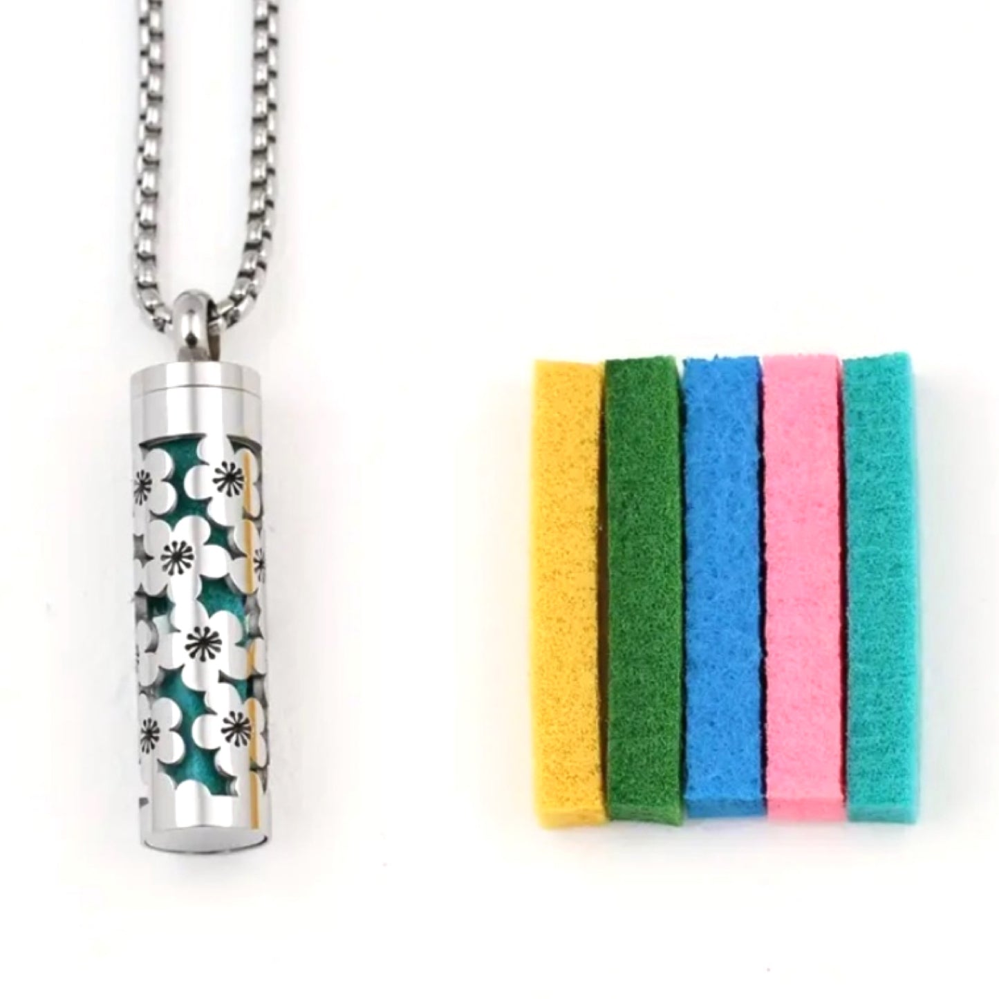 Silver Floral Essential Oil Diffuser Necklace with 28” Chain and 5 Refill Strips