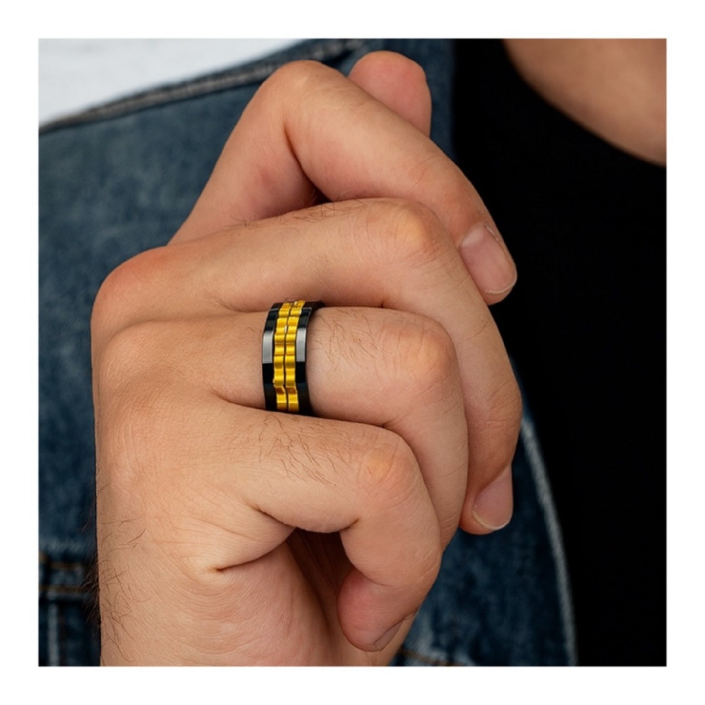 Men’s Black Stainless Steel Spinner Ring with Gold Gear Inlay – 8mm Band