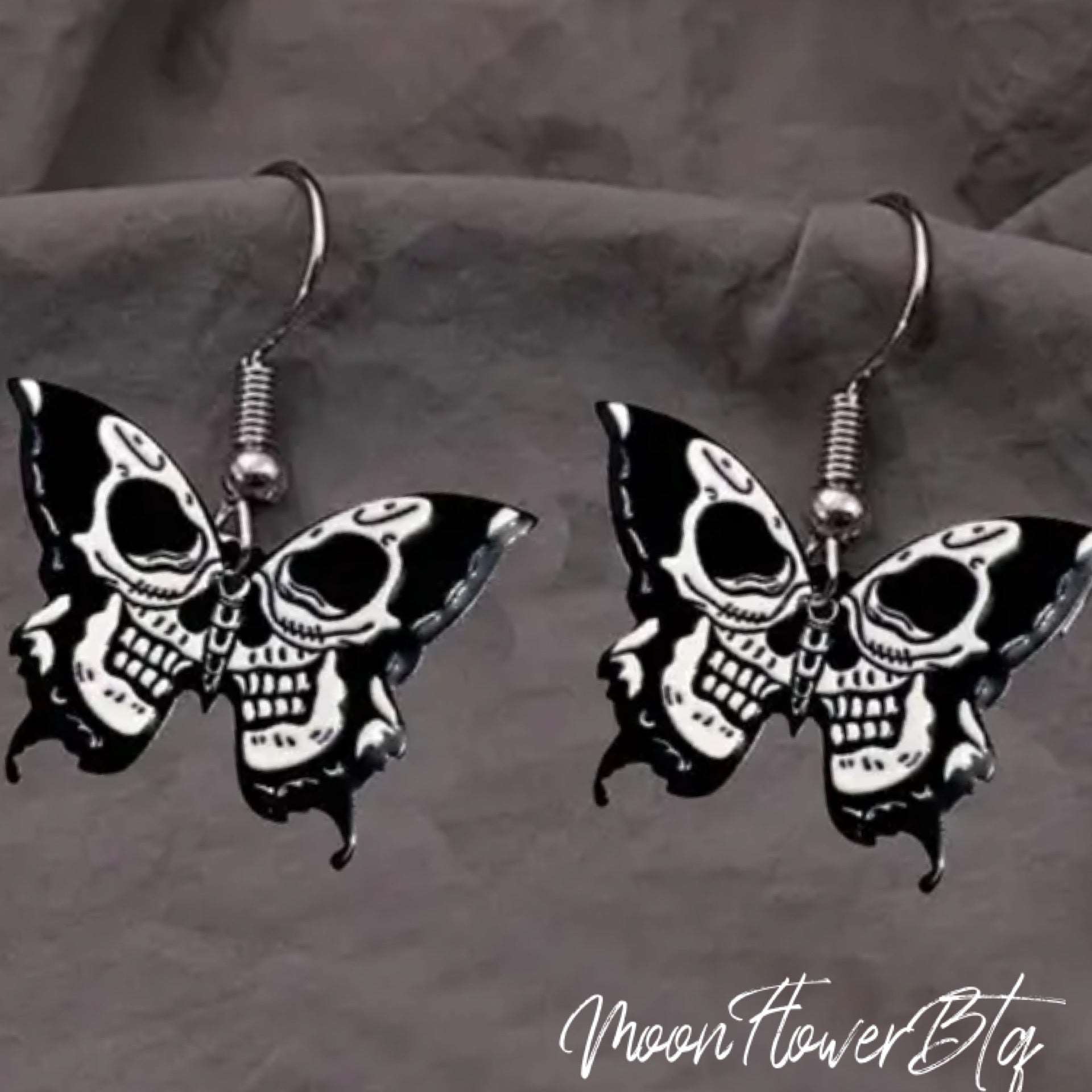 Skull Moth Butterfly Dangly Earrings