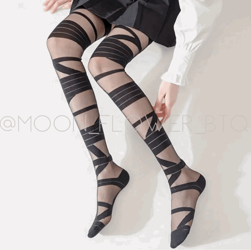 Black Strappy Thigh High Over the Knee Stockings