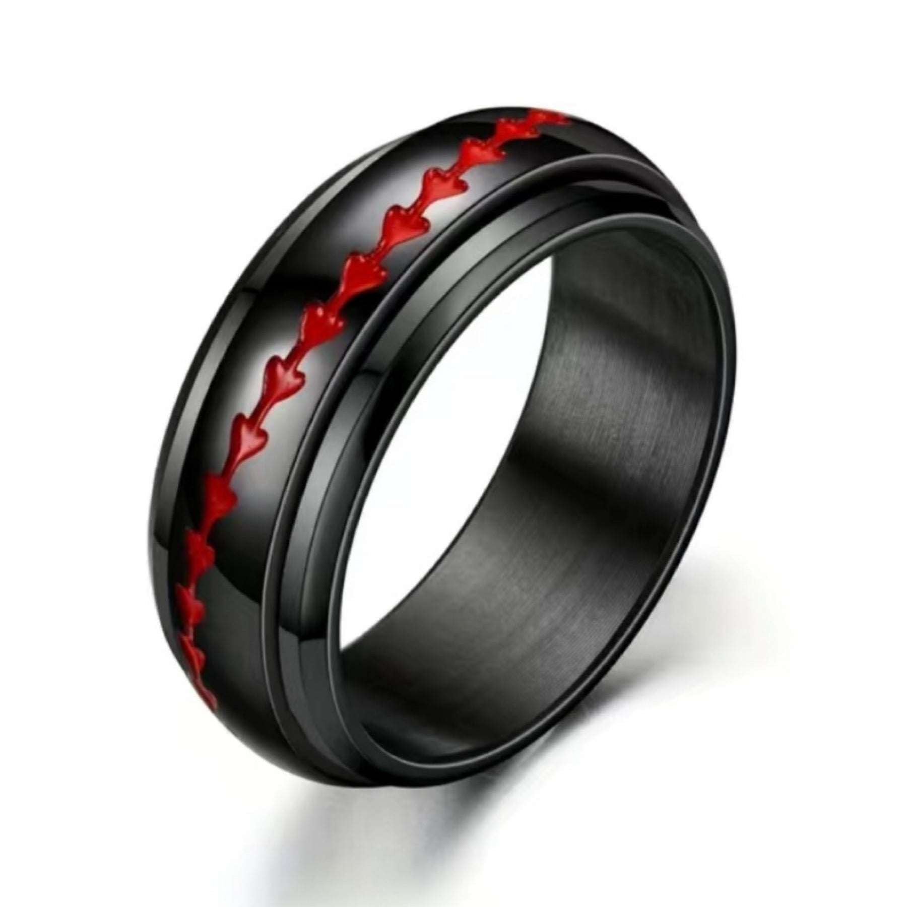 Black Red Baseball Stitch Stainless Steel Anxiety Fidget Spinner Ring