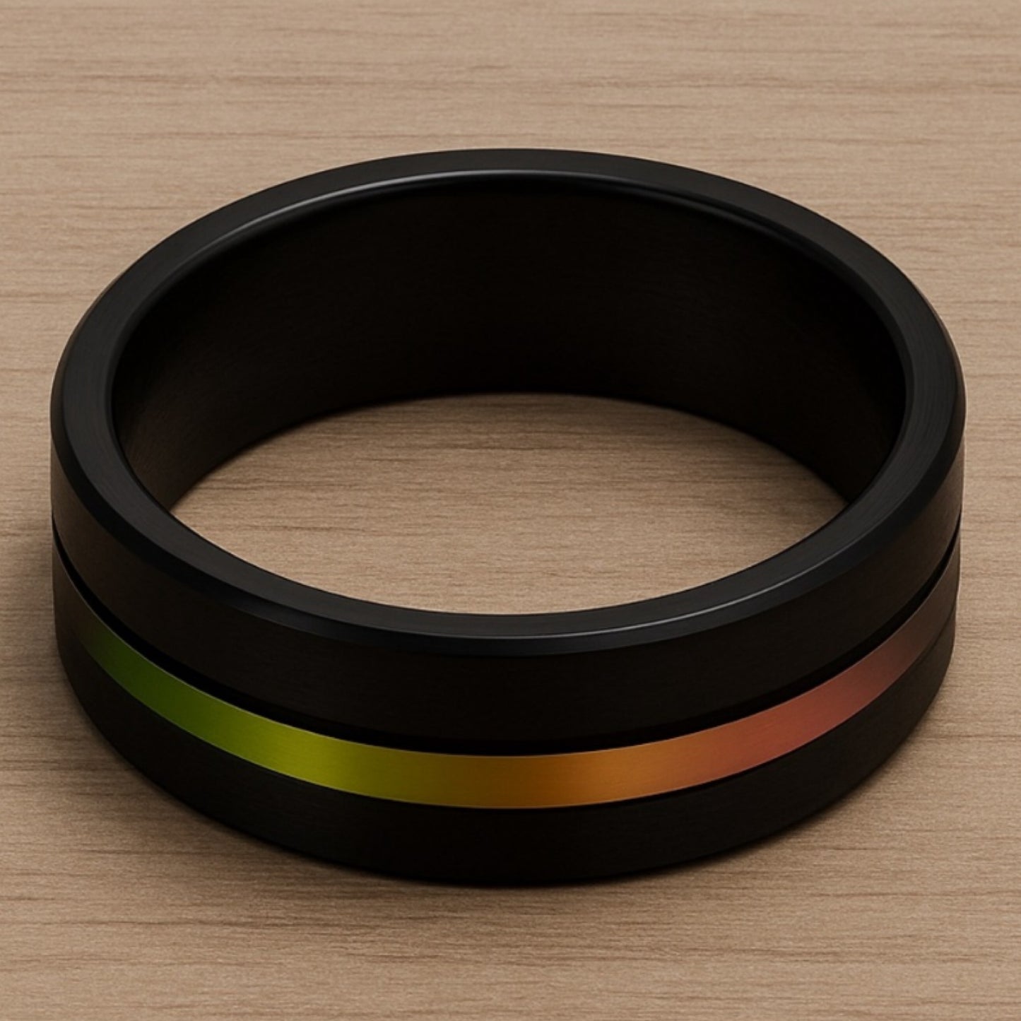 Black Tungsten Ring with Iridescent Rainbow Inlay | 8mm Comfort Fit Band