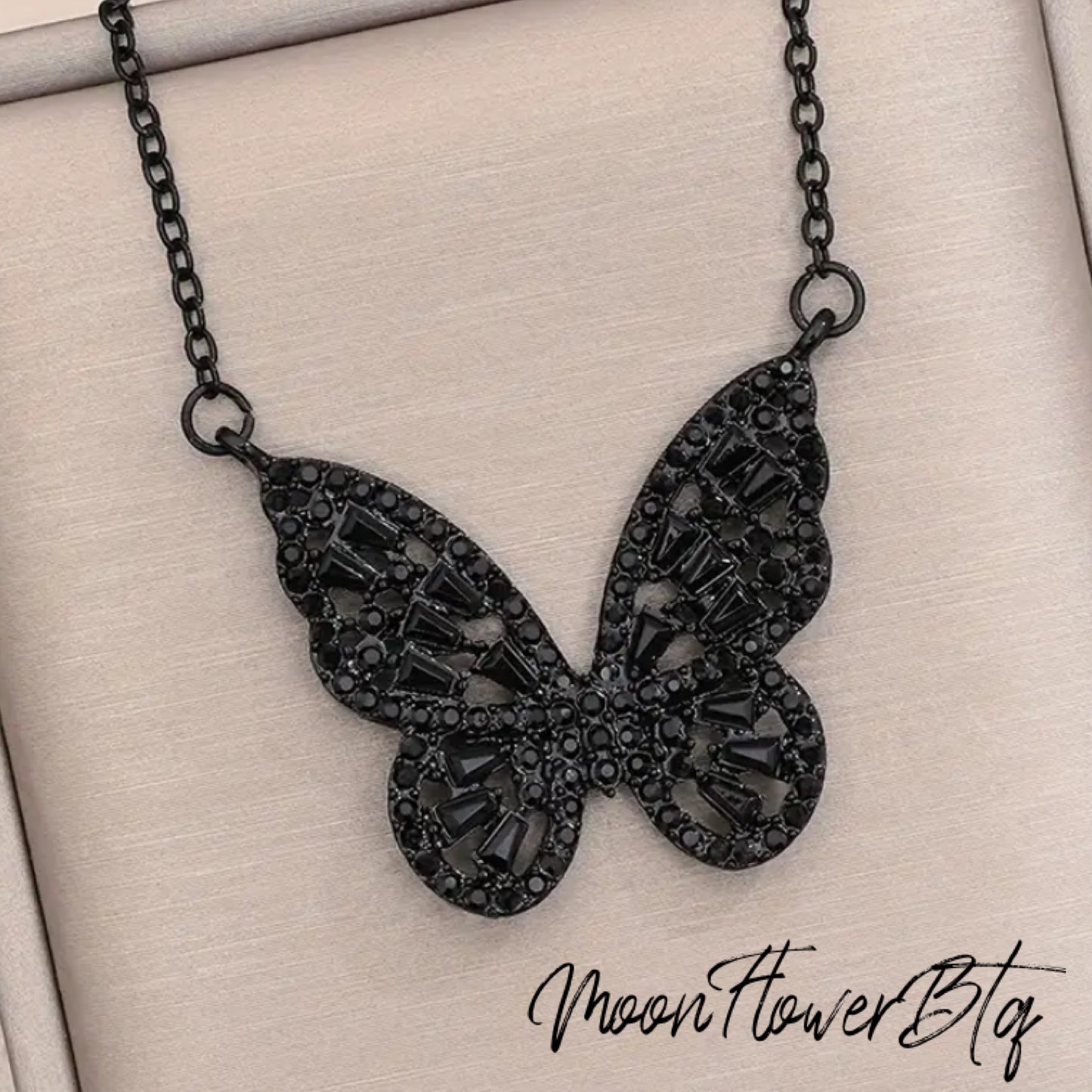 Black Rhinestone Butterfly Pendant Necklace