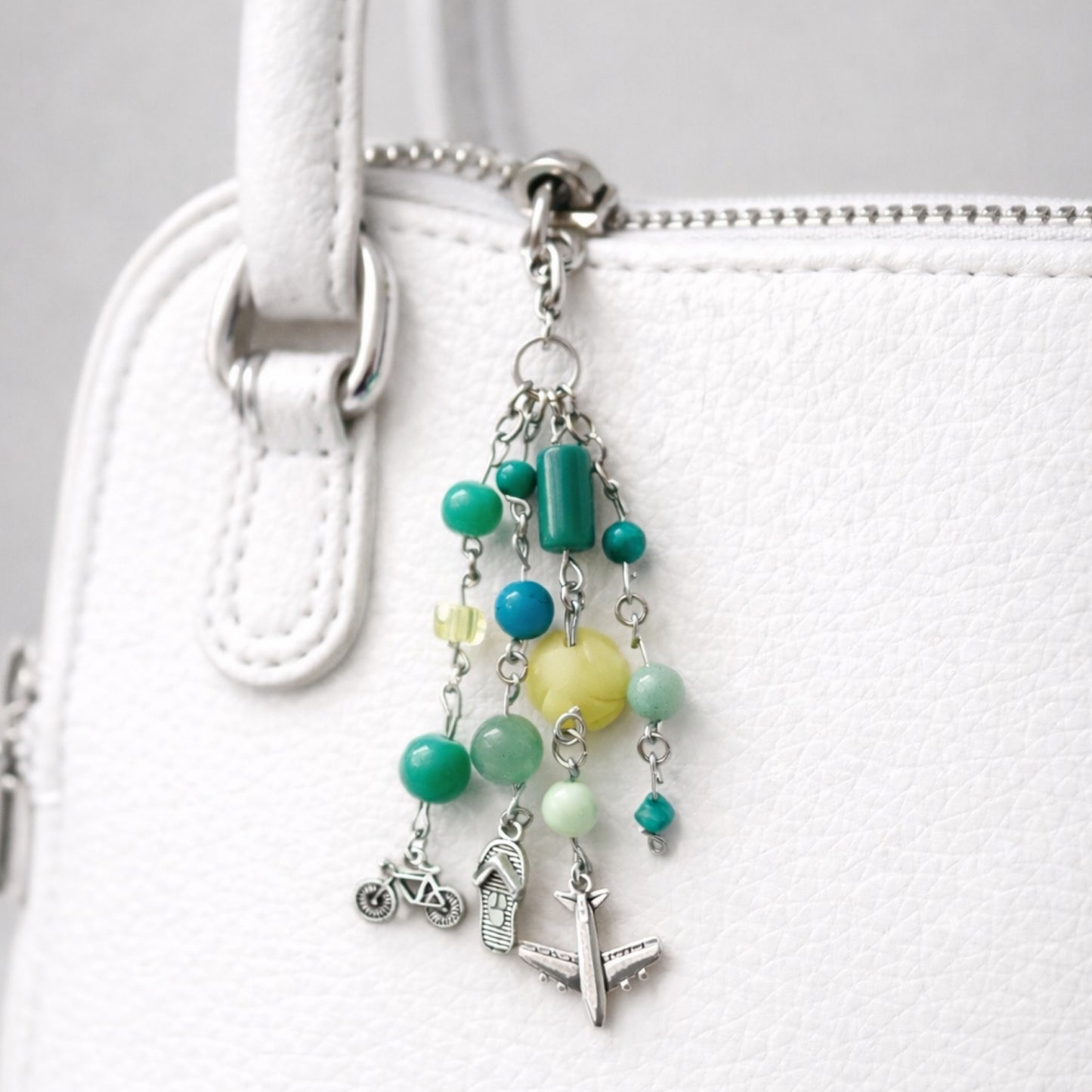 Green Beaded Travel Airplane Flip Flop Charm - Keychain Bag Charm Zipper Pull