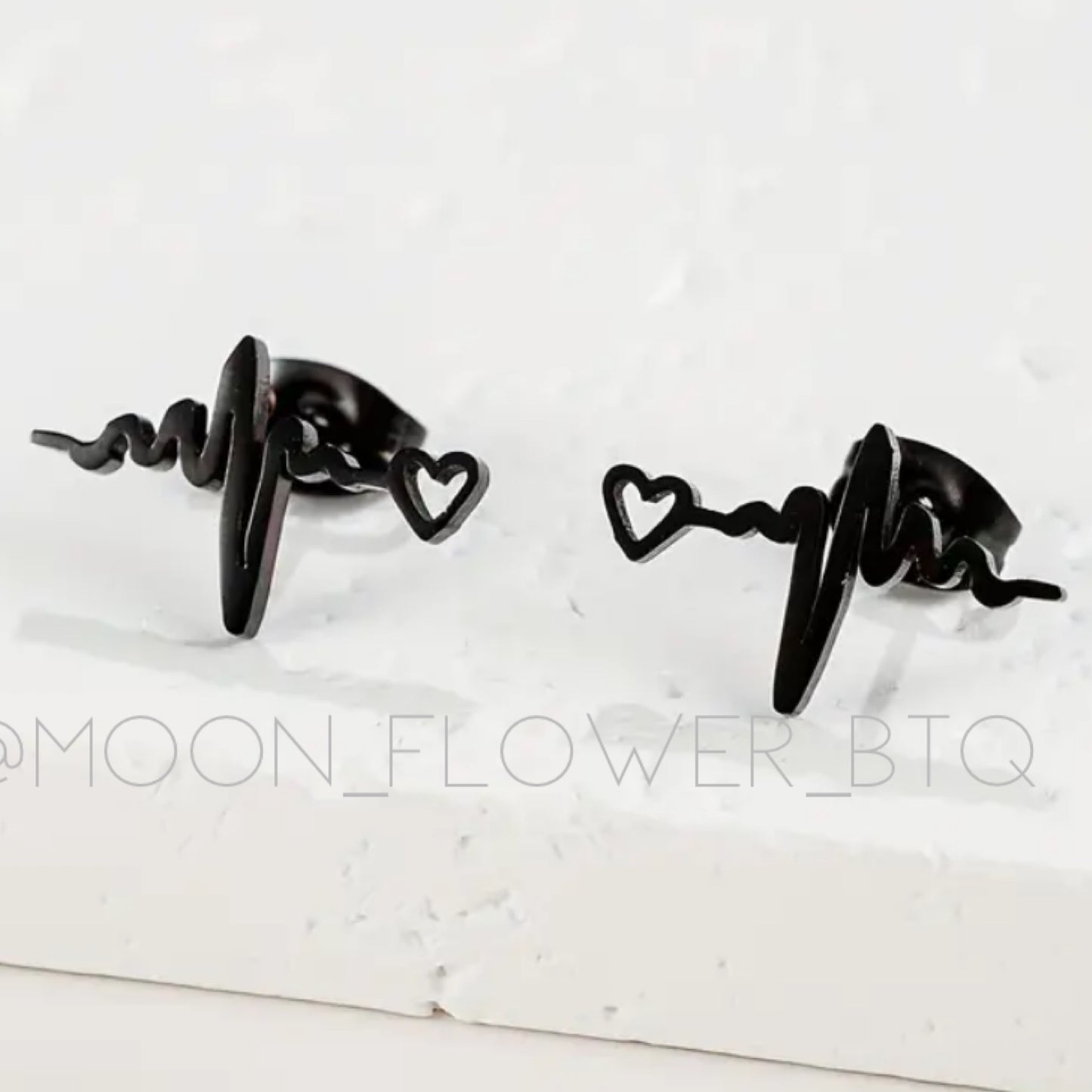 Tiny Black Heartbeat Lifeline Stud Earrings