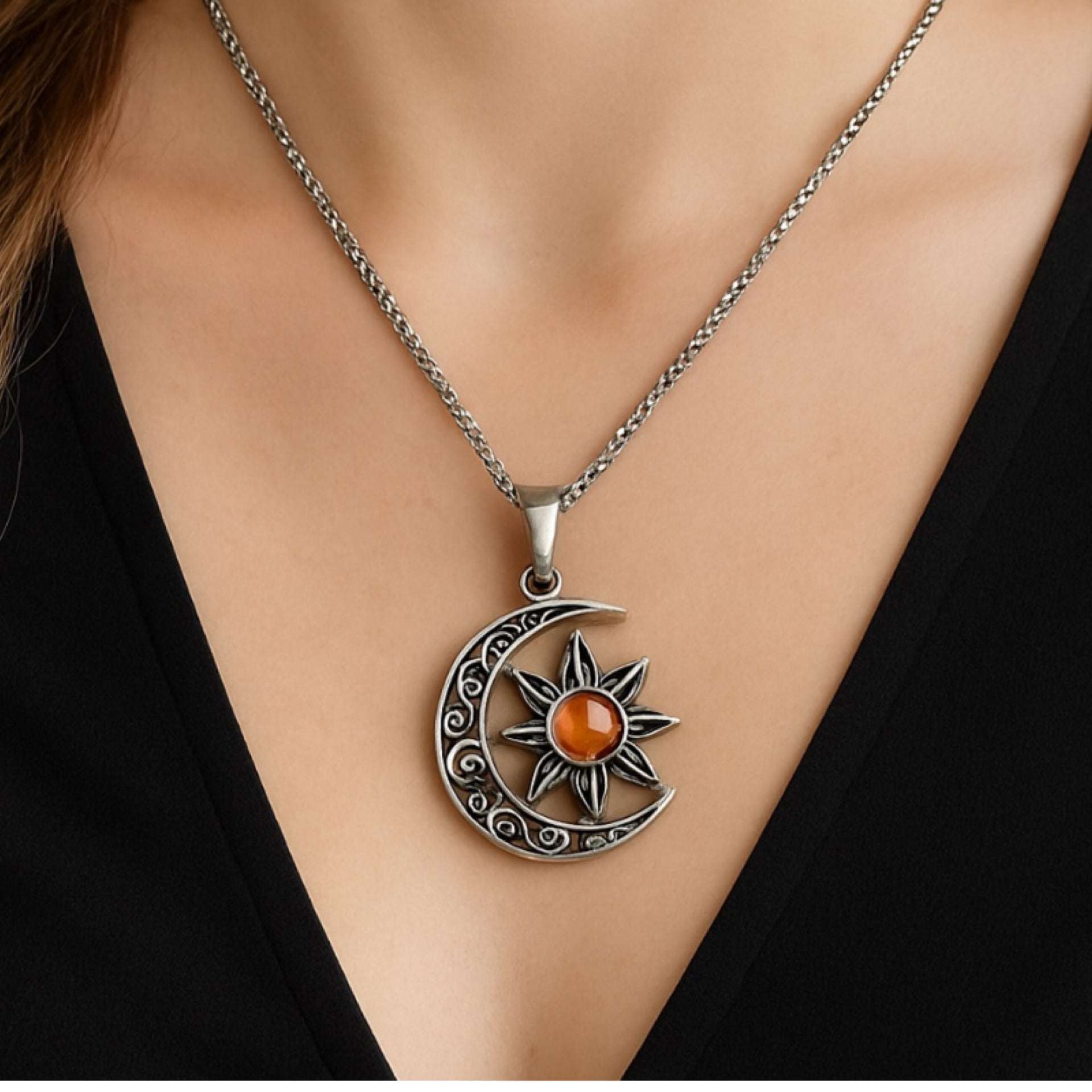 Silver Crescent Moon & Sun Amber Pendant Necklace