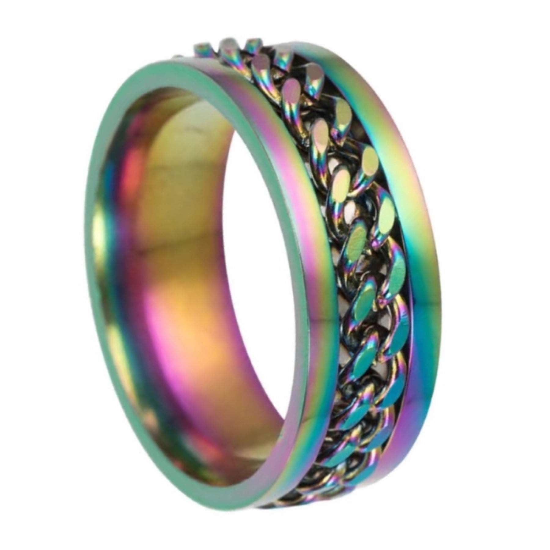 Rainbow Stainless Steel Chain Anxiety Fidget Spinner Ring