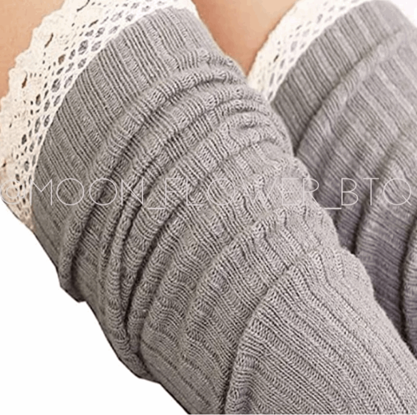 Gray Lace Trim Knit Over the Knee Socks