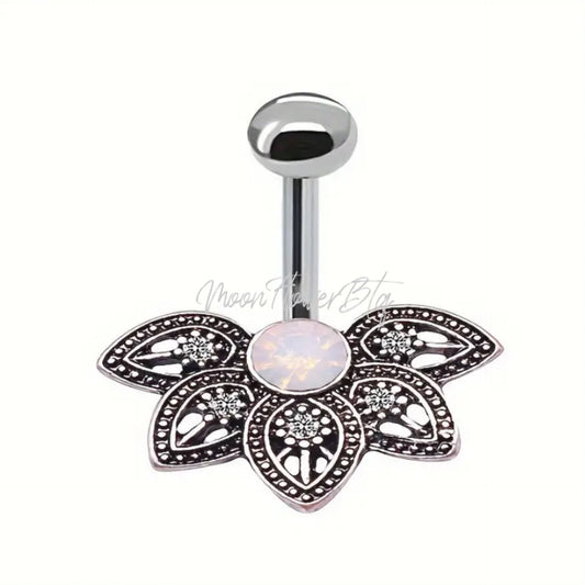 Vintage Style Lotus Flower Moonstone Belly Button Ring – Stainless Steel Navel Piercing