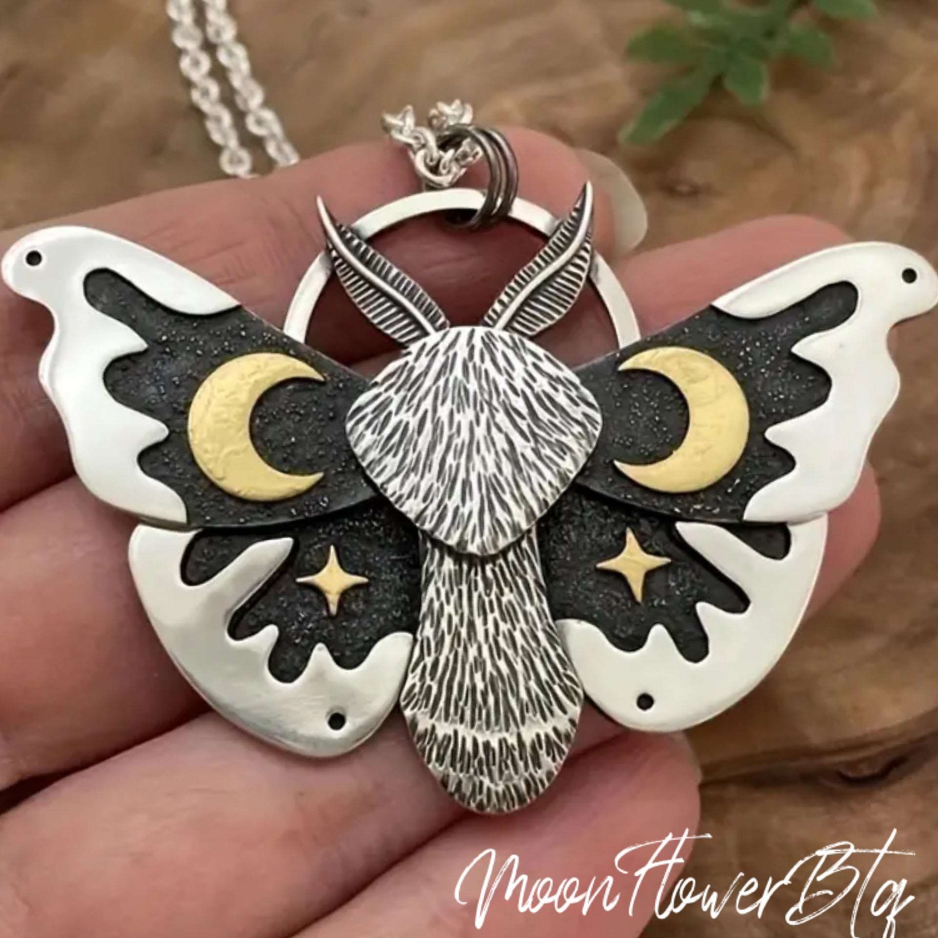 Silver Goth Moth Moon Star Pendant Necklace