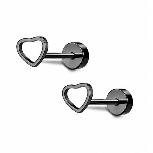 Black Open Heart Flat Back Stud Earrings