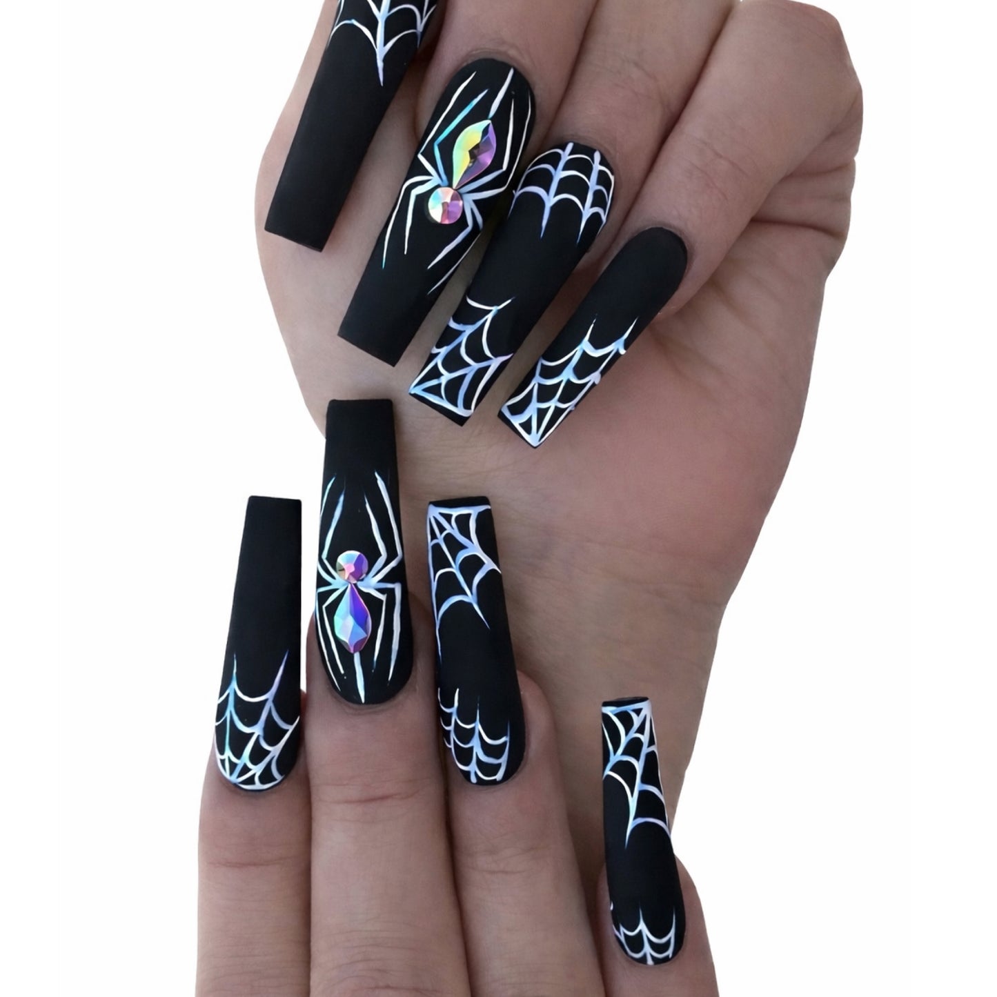 Spider Web Long Coffin Press-On Nails – Matte Black Gothic 3D Rhinestone Nail Set