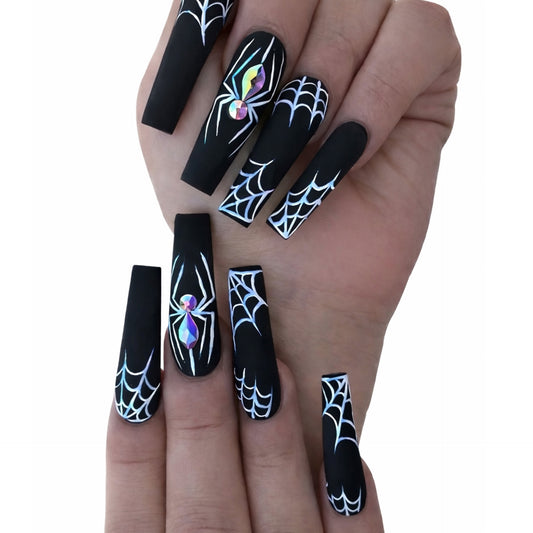 Spider Web Long Coffin Press-On Nails – Matte Black Gothic 3D Rhinestone Nail Set