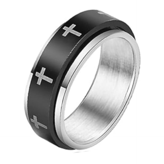 Black Cross Spinner Ring – Stainless Steel Fidget Band