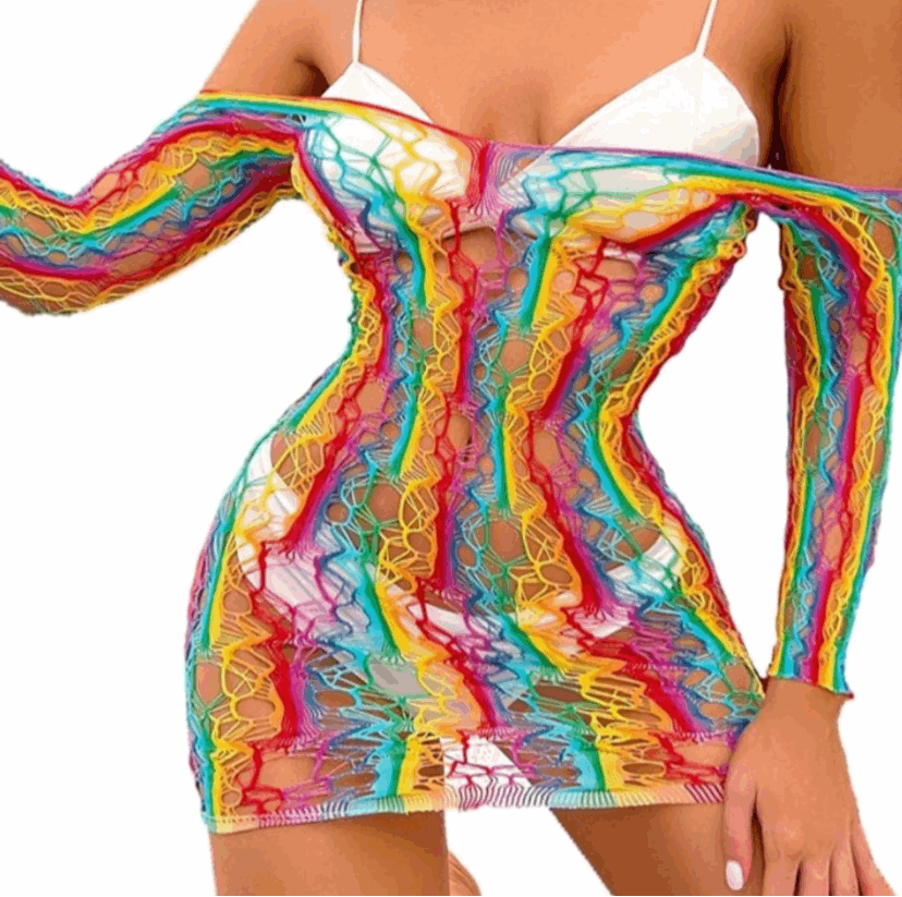 Rainbow Mesh Fishnet Dress Rave Festival Outfit Swim Cover