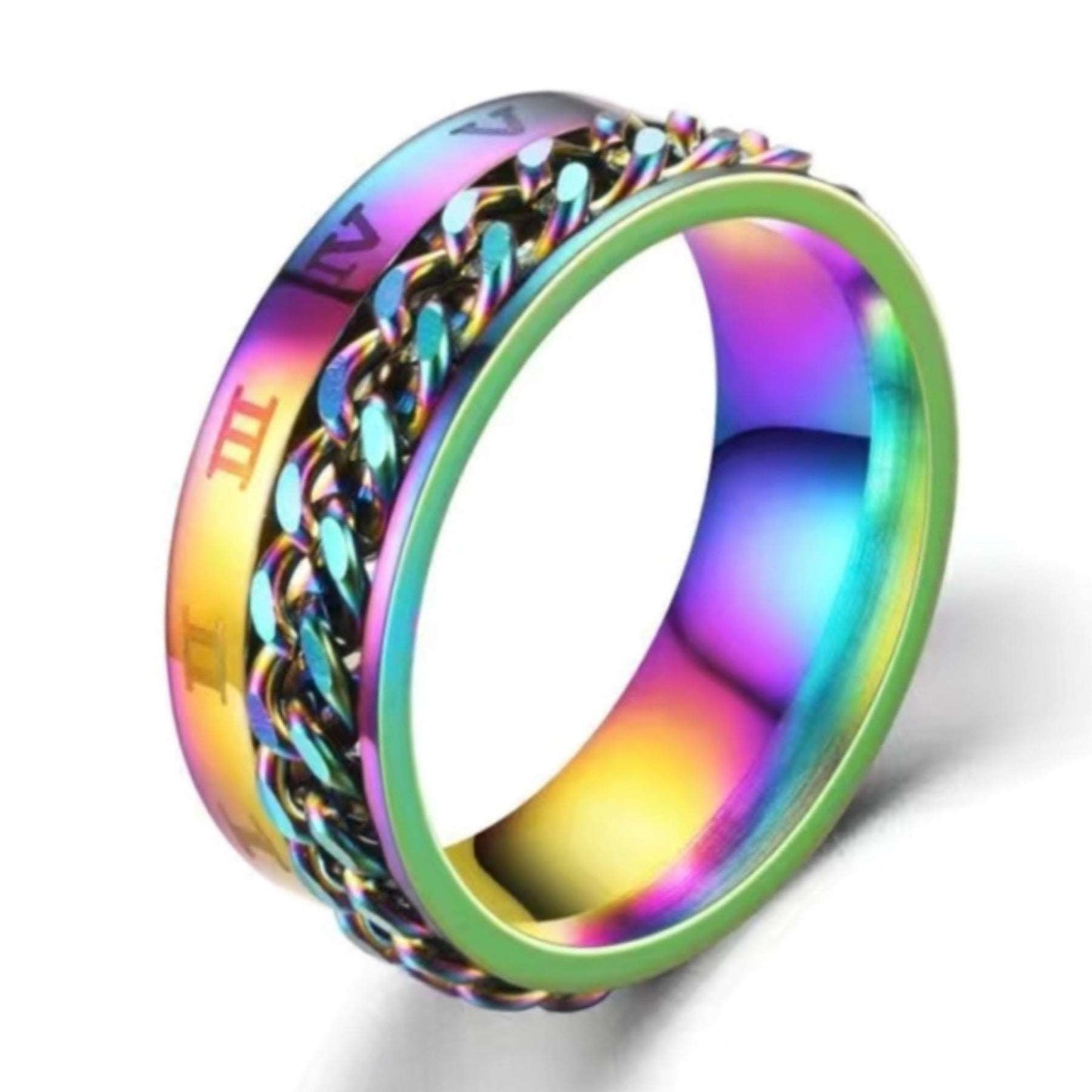 Rainbow Chain Roman Numeral Anxiety Fidget Spinner Ring