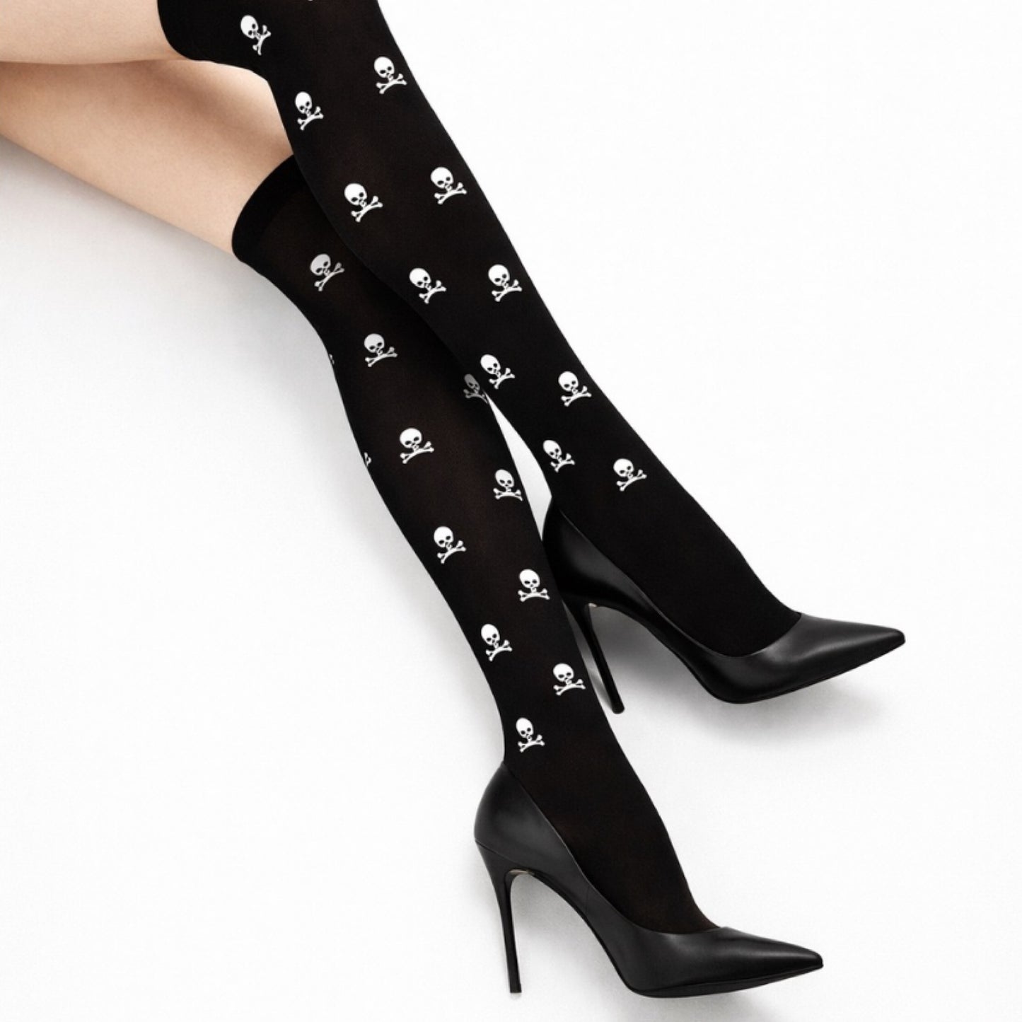 Black Skull Over the Knee Stockings – Goth Sheer Thigh High Socks