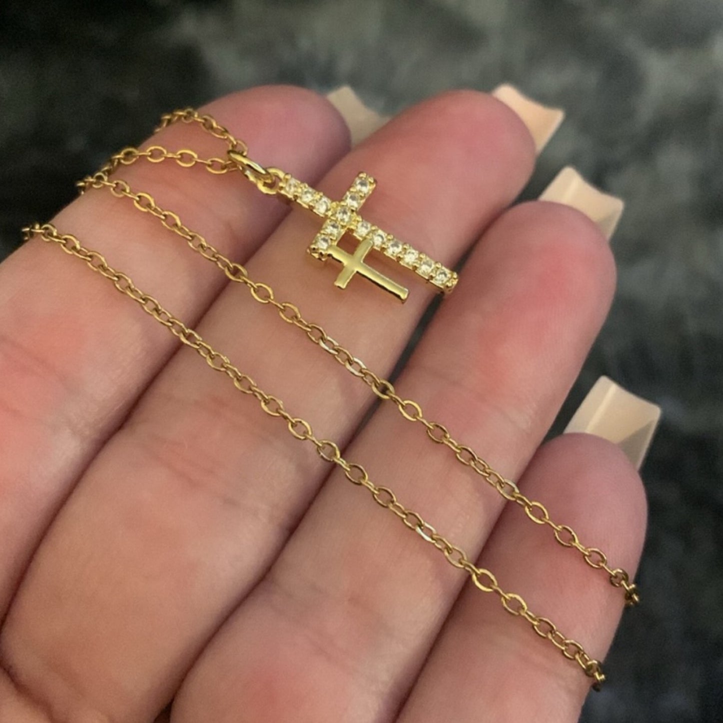 Tiny Gold CZ Covered Double Cross Necklace