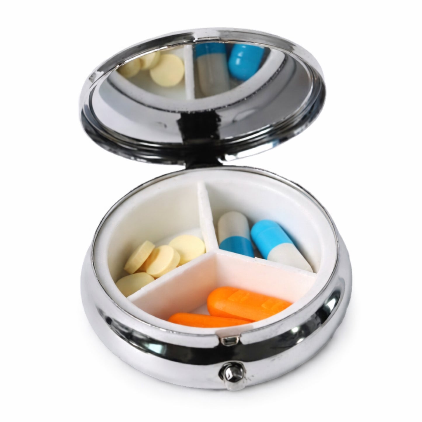 Silver & Burgundy Floral Round Pill Box Organizer – 3 Compartment Travel Case