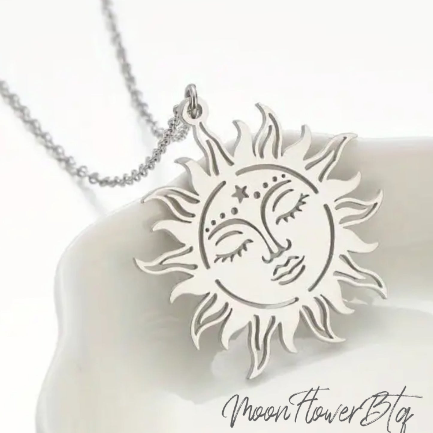 Silver Boho Sun Face Pendant Necklace