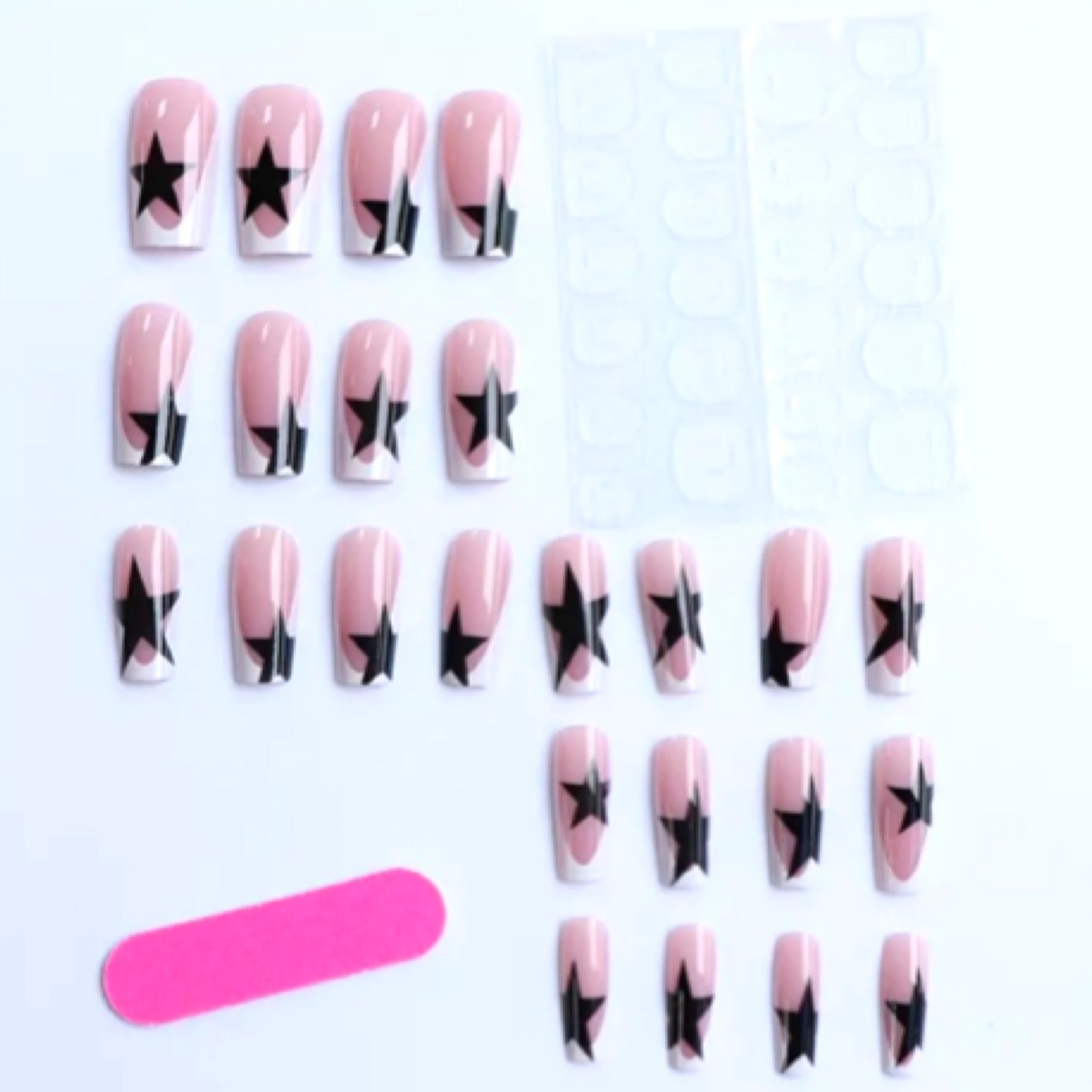 Black Star French Tip Press-On Nails – Pink Nude Coffin False Nail Set (24pcs)
