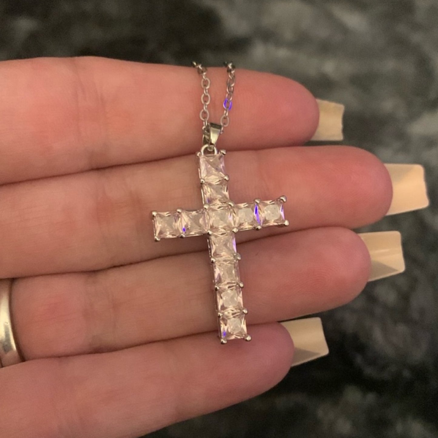 Silver Pink CZ Covered Cross Necklace