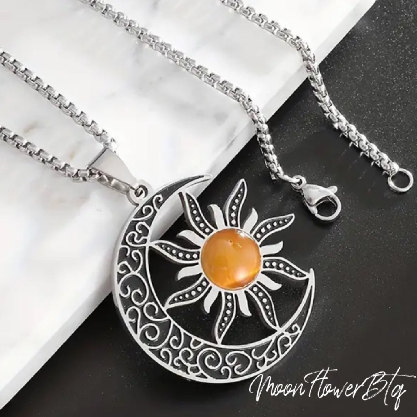 Silver Boho Moon Sun Pendant Necklace