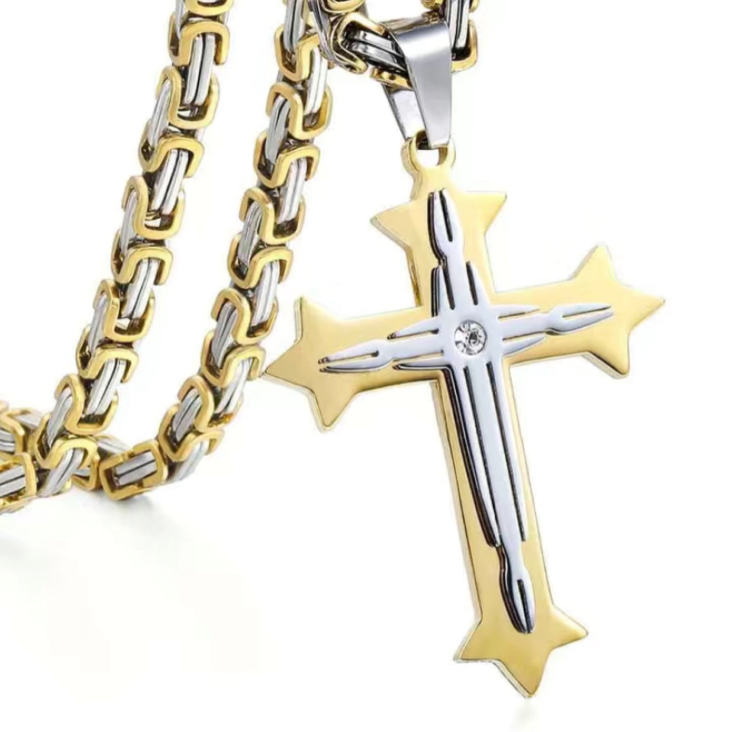 Two Tone Gold Sliver Layered CZ Cross Necklace