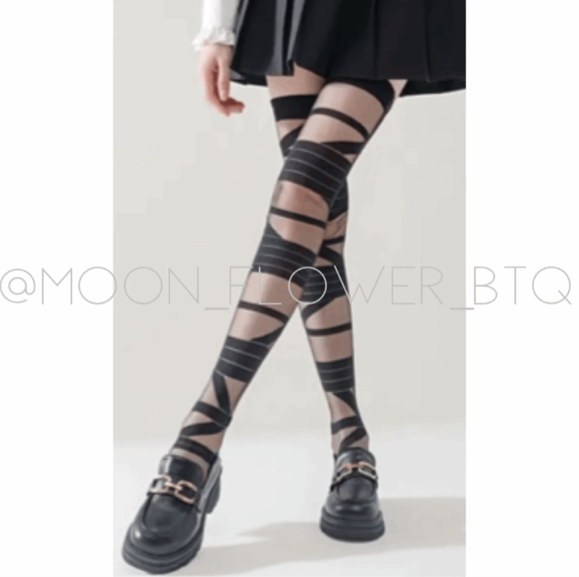 Black Strappy Thigh High Over the Knee Stockings