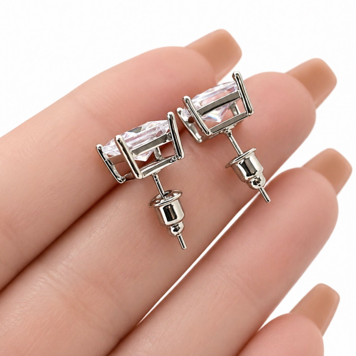 White Gold Plated Princess Cut CZ Stud Earrings