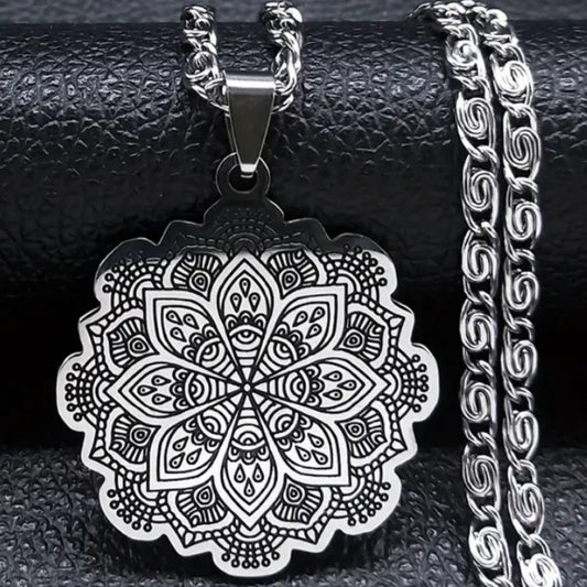 Silver Boho Mandala Pendant Necklace