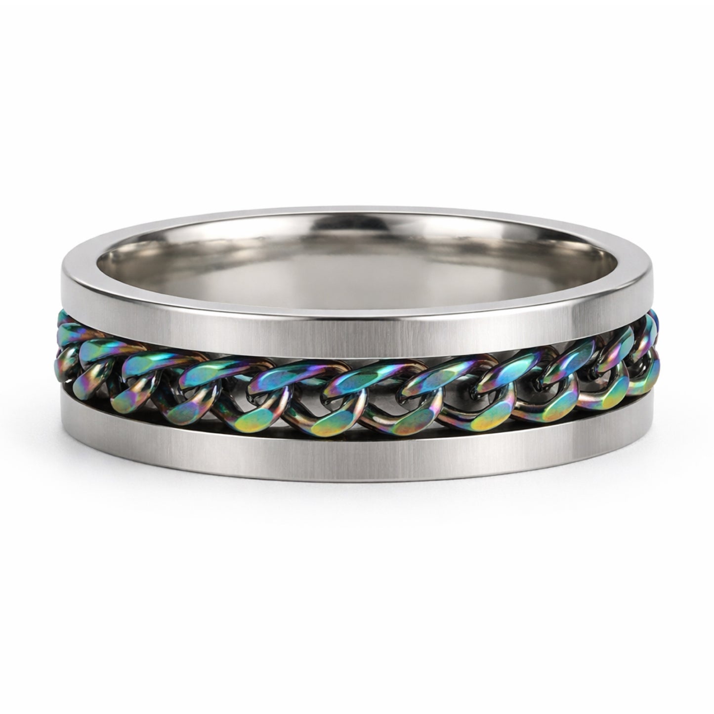Rainbow Chain Spinner Ring – Stainless Steel Silver Band