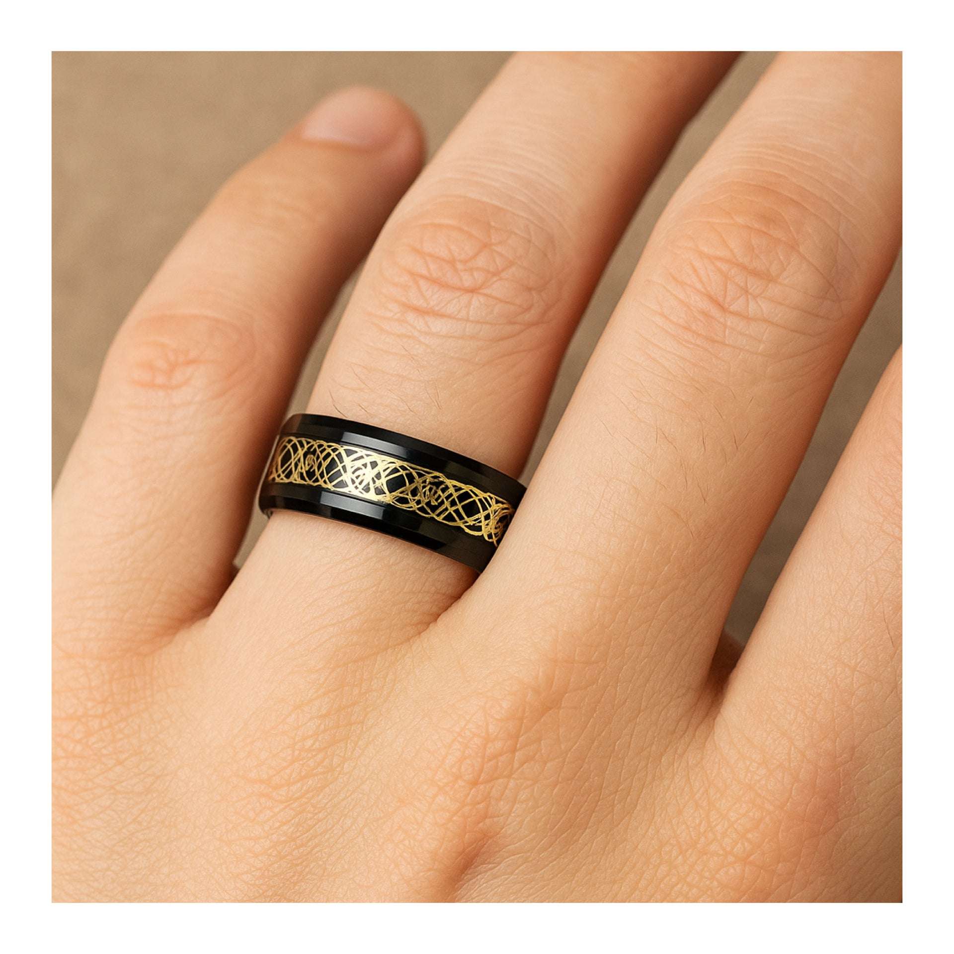 Men’s Black Stainless Steel Ring with Gold Celtic Knot Style Inlay – 8mm Band