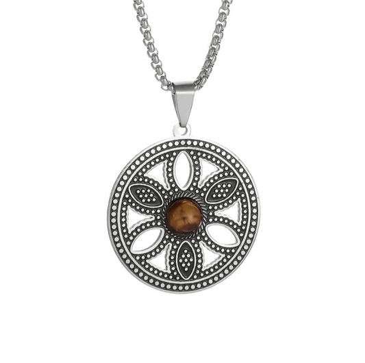 Silver Tiger Eye Flower of Life Pendant Necklace