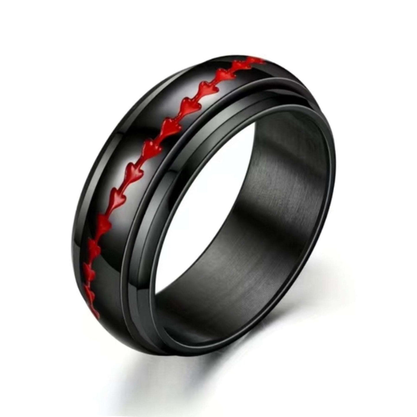 Black Red Baseball Stitch Stainless Steel Anxiety Fidget Spinner Ring