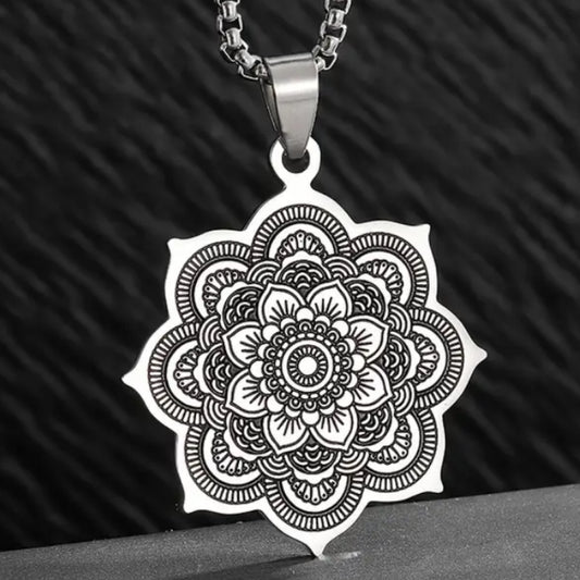 Silver Boho Mandala Flower Pendant Necklace