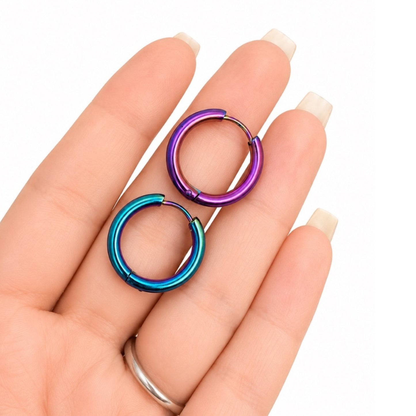 Rainbow Oil Slick Hinged Huggie Hoop Earrings 14mm