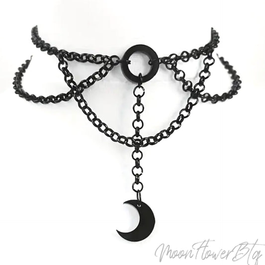 Gothic Crescent Moon Pendant Choker Necklace