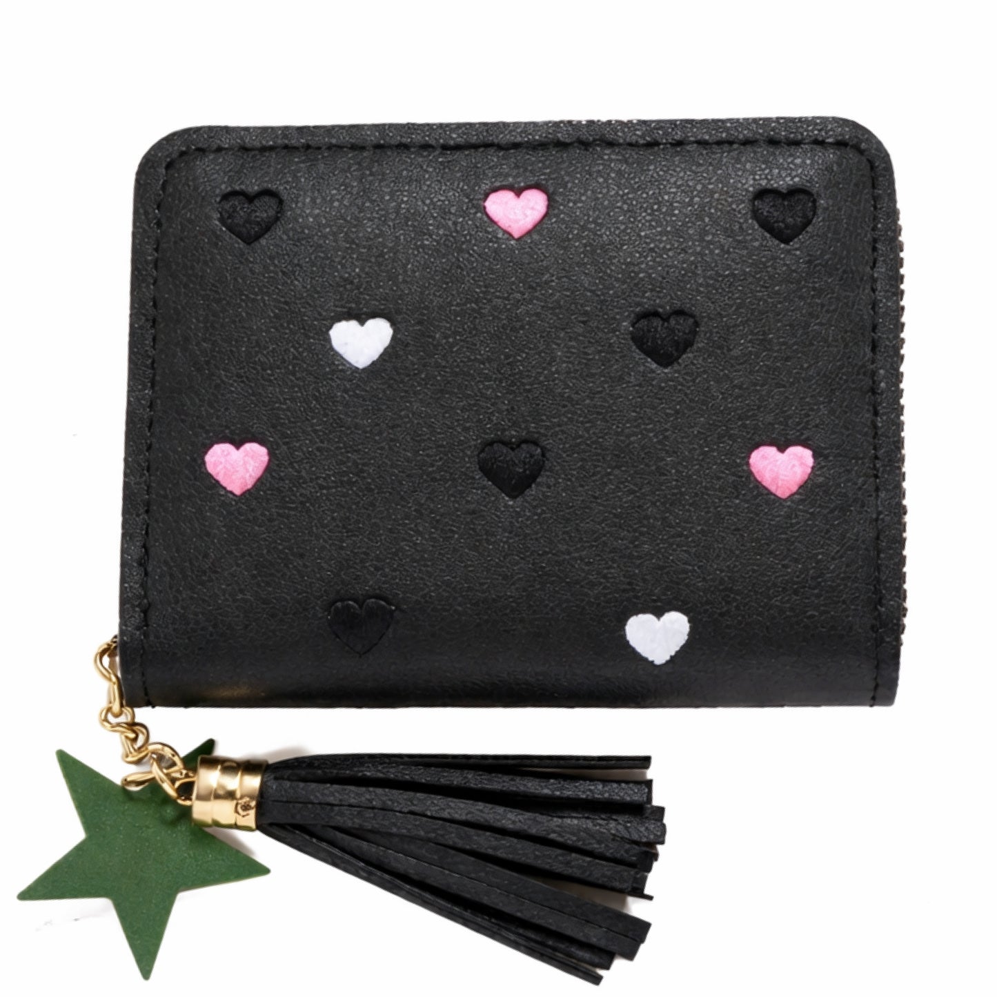 Black Heart Zip Around Mini Wallet with Star Charm