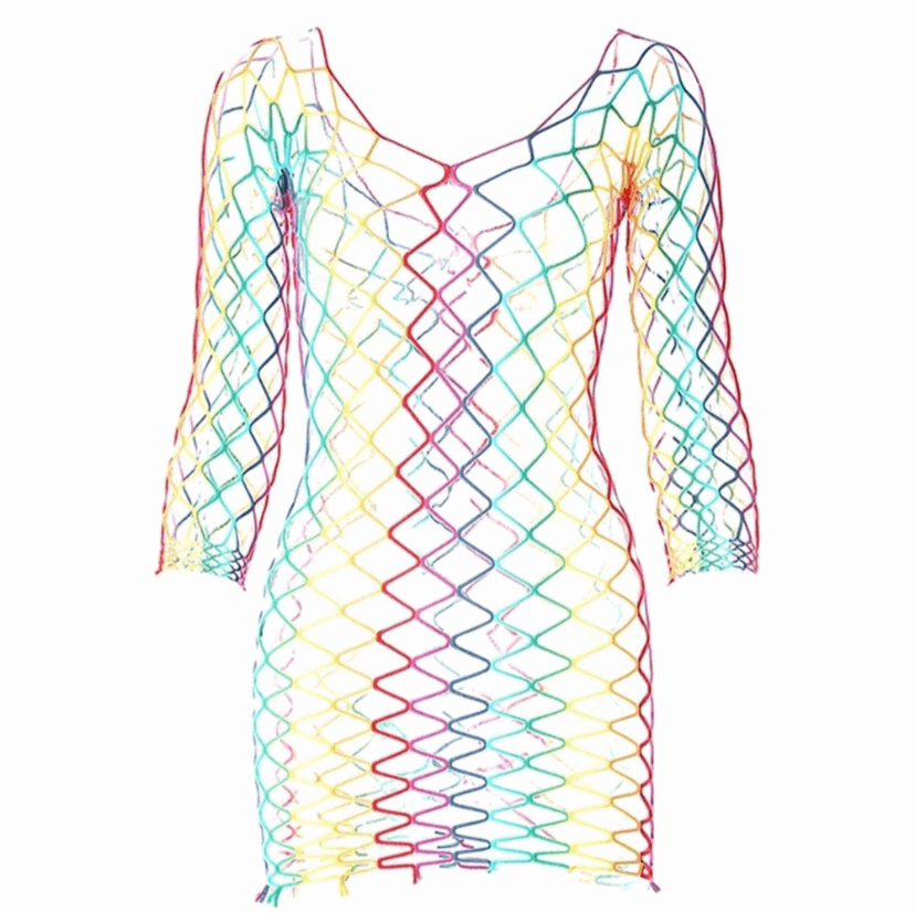 Rainbow Mesh Fishnet Dress Rave Festival Outfit Swim Cover