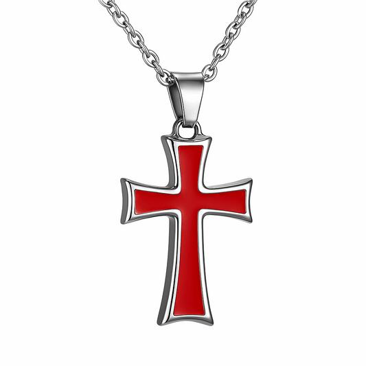 Red Enamel Cross Pendant Necklace Stainless Steel Chain